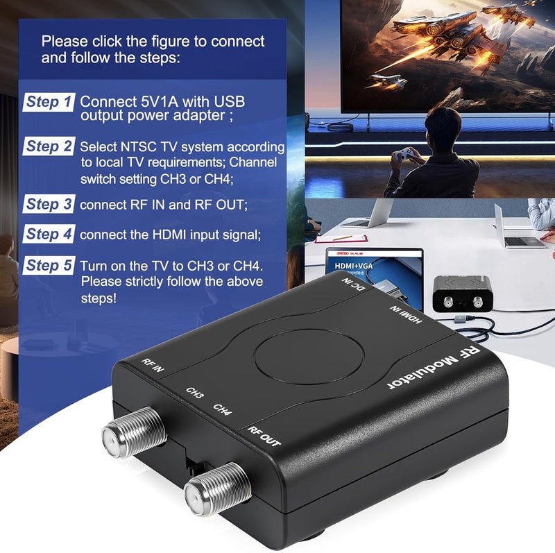 VQP HDMI to RF Modulator, HDM61 VHF HDMI to RF Converter Adapter for TV NTSC Format Output, 1080P PLL Control for Home TV Game Console - Image 4